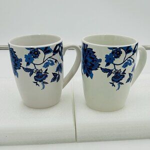 Royal Norfolk White Coffee Mugs with Royal Blue Chinese Floral Designs Set of 2
